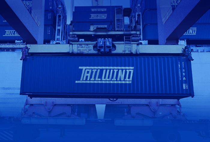 Shipping container with Tailwind Logo – Intelligent, eco-friendly logistics solutions for your cargo.