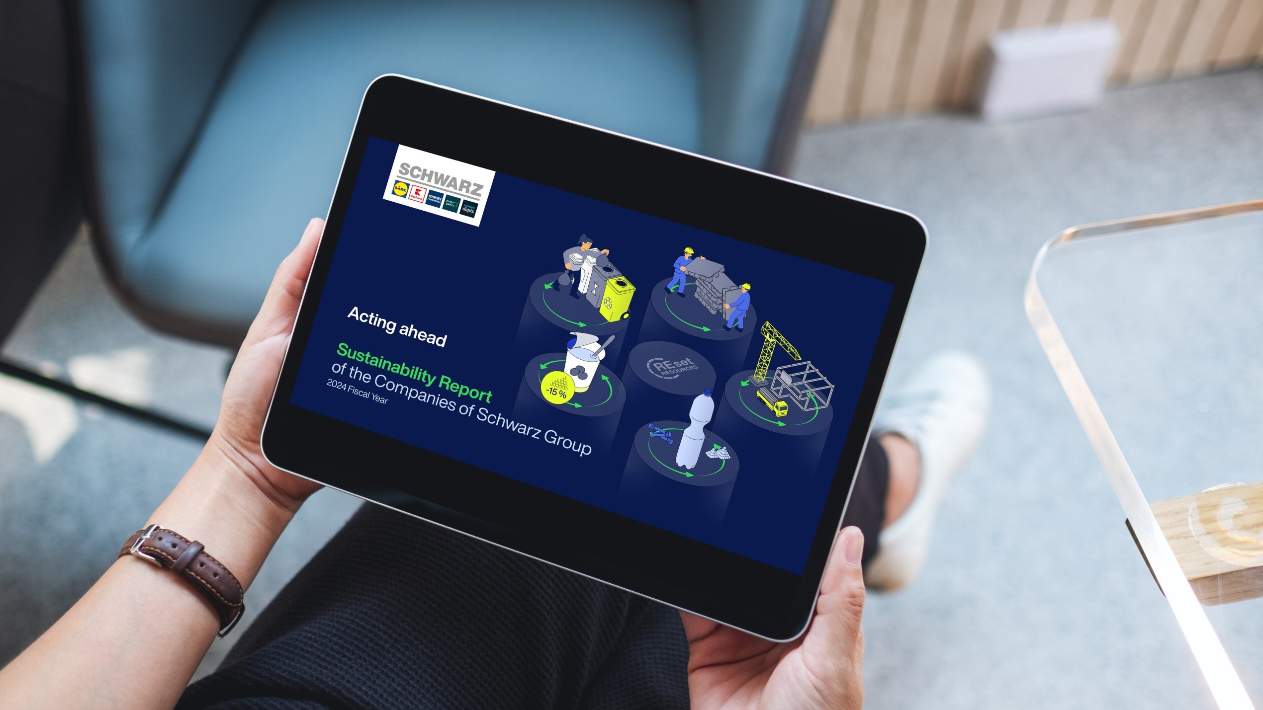 Presentation of the cover of the FY24 sustainability report on a tablet
