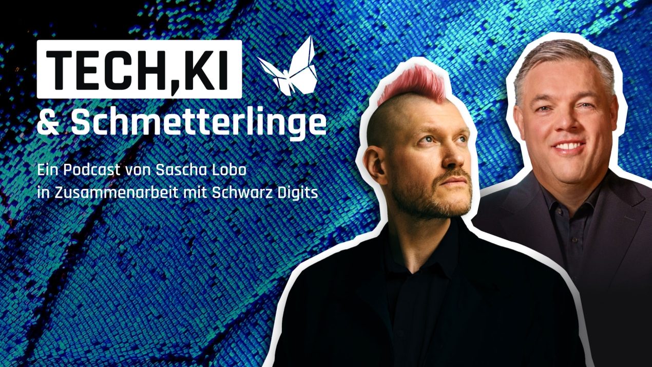 Cover des Podcasts Tech, KI und Schmetterlinge. Mit auf dem Cover abgebildet sind die beiden Protagonisten Rolf Schumann und Sascha Lobo