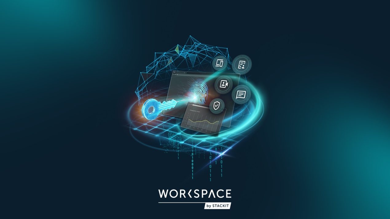 Das Bild zeigt einen großen, leuchtenden digitalen Schlüssel in Türkis, der auf einen Laptop-Bildschirm gerichtet ist. Auf dem Bildschirm sind ein Fingerabdruck und abstrakte Diagramme zu erkennen. Um den Laptop kreisen Symbole für Dokumente, Videoanrufe, Nachrichten und Sicherheitsschilde. Der Laptop steht auf einem blauen Raster mit binärem Code darunter. Unten steht das Logo „WORKSPACE by STACKIT“.