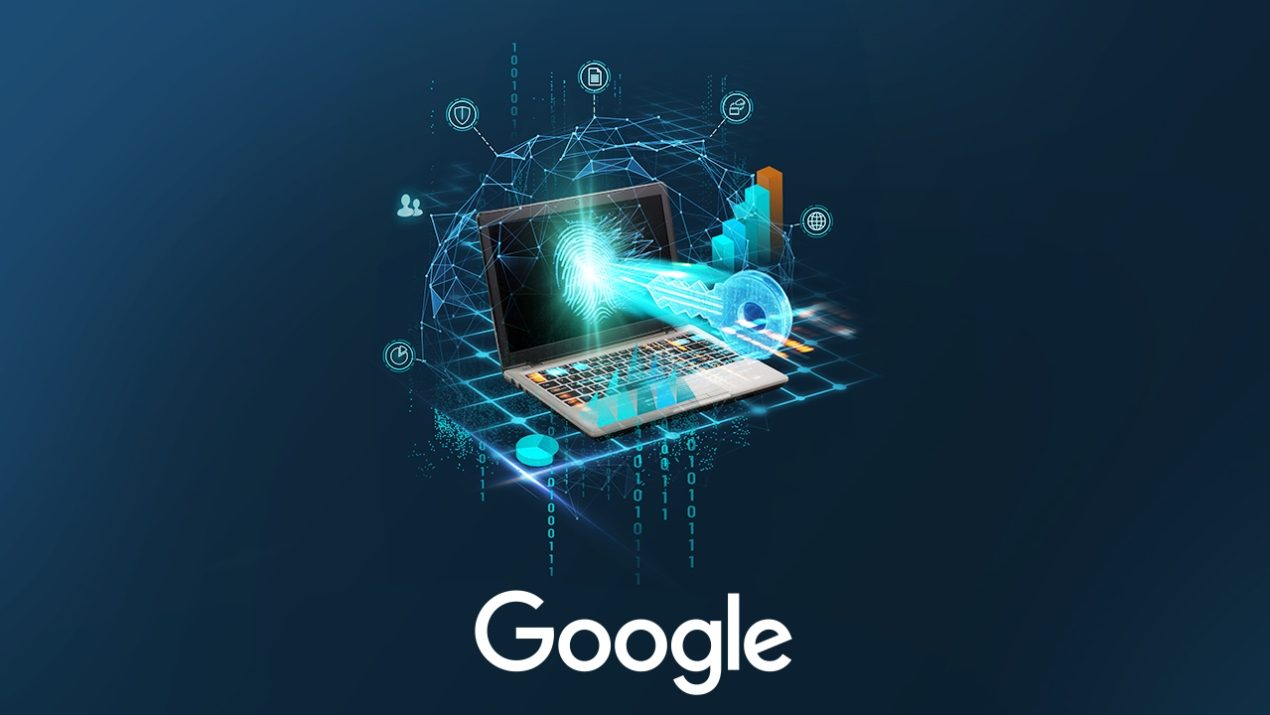 Das Bild zeigt einen blauen Hintergrund. In der Mitte steht ein grauer Laptop, umgeben von einem hellblauen Netzwerk. Dieses Netzwerk besteht aus fünf Symbolen: einem Kuchendiagramm, zwei Personen, einem Schild, einem Dokument, einer Textnachricht und einem Weltzeichen. Aus dem Laptop fliegt eine blaue Rolle, die einen blauen Lichtstrahl auf den Bildschirm wirft. Auf dem Bildschirm ist ein Fingerabdruck in Türkis zu erkennen. Rechts vom Laptop ist ein Säulendiagramm zu sehen. Der Laptop steht auf einem durchsichtigen quadratischen Raster, durch das eine Kette aus Nullen und Einsen verläuft. Am unteren Ende des Bildes ist in weißer Schrift das Logo von Google zu sehen.