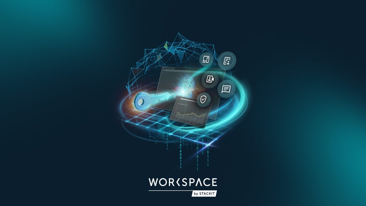 The image shows a large, glowing digital key in turquoise pointed at a laptop screen. A fingerprint and abstract charts are visible on the screen. Icons for documents, video calls, messages, and security shields orbit around the laptop. The laptop sits on a blue grid with binary code underneath. At the bottom is the "WORKSPACE by STACKIT" logo.