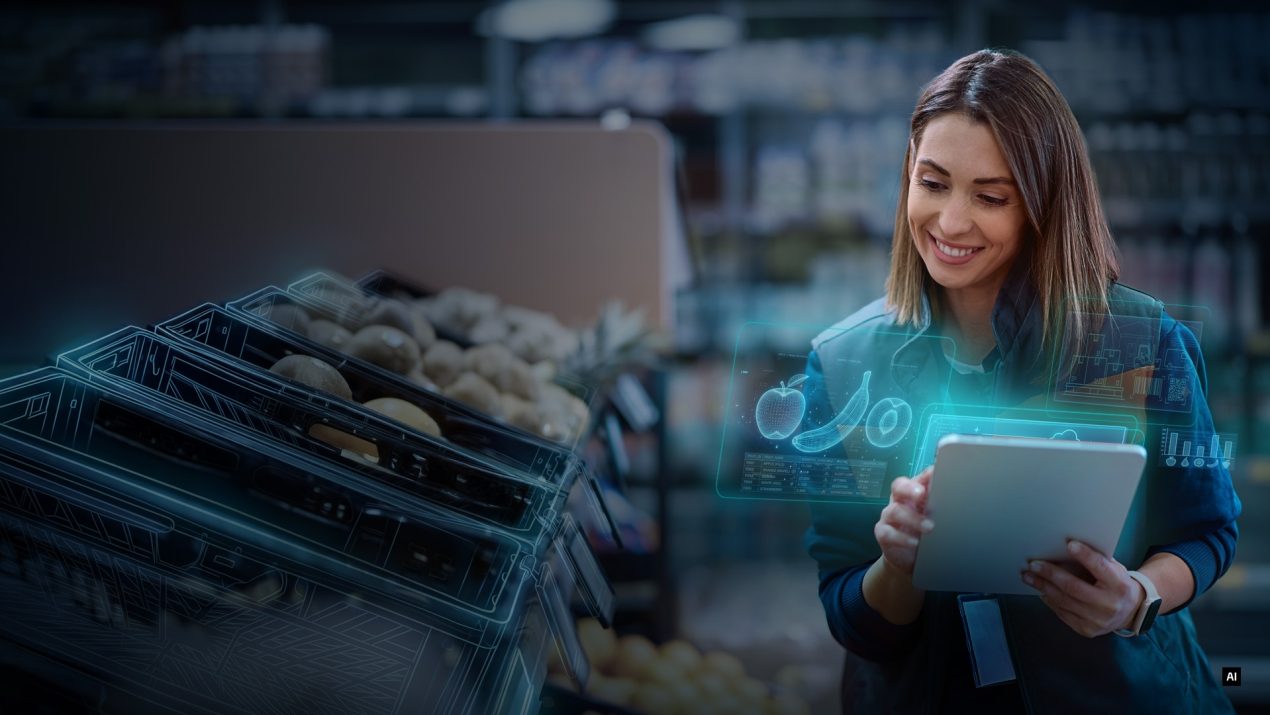 Supermarkt-Mitarbeiterin verwaltet digitalen Warenbestand für Frischeprodukte per Tablet.