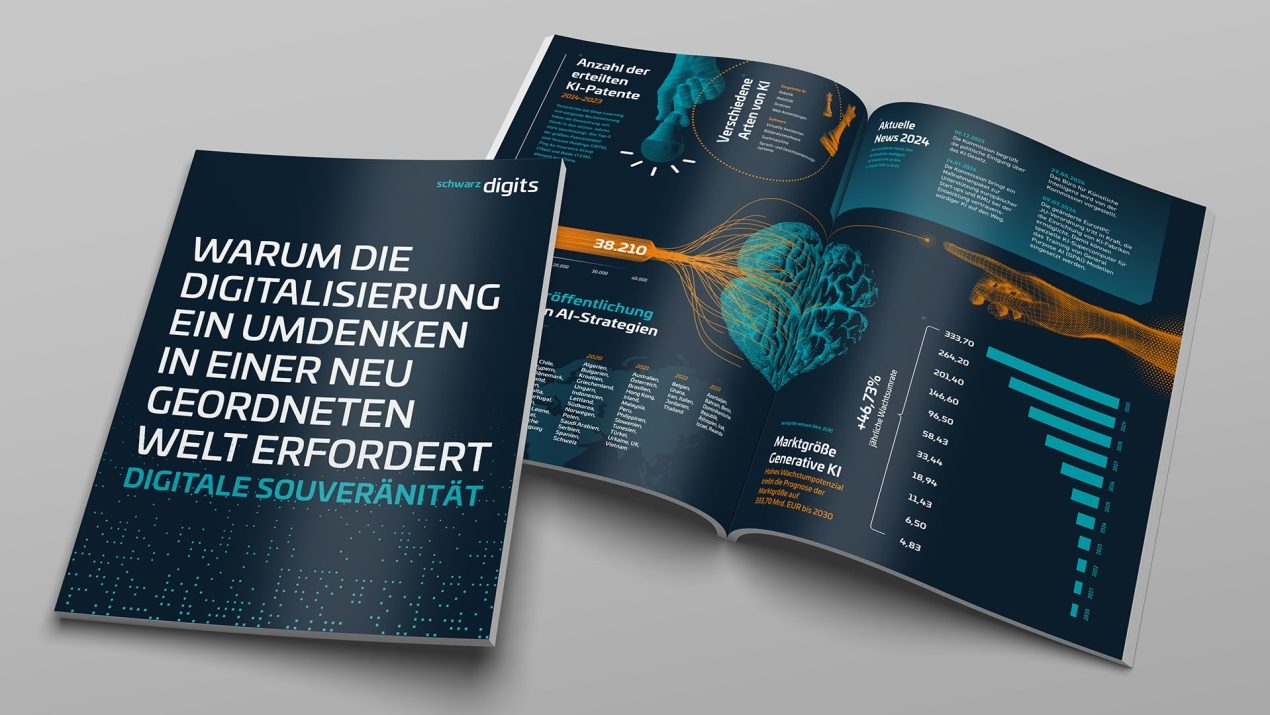 Das Bild zeigt das Cover und eine illustrierte Doppelseite des Whitepapers zum Thema Digitaler Souveränität