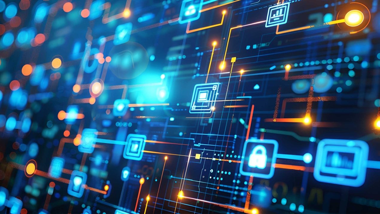Abstract glowing network of data streams with digital security and IT icons, representing the secure infrastructure of cloud solutions and digital services.