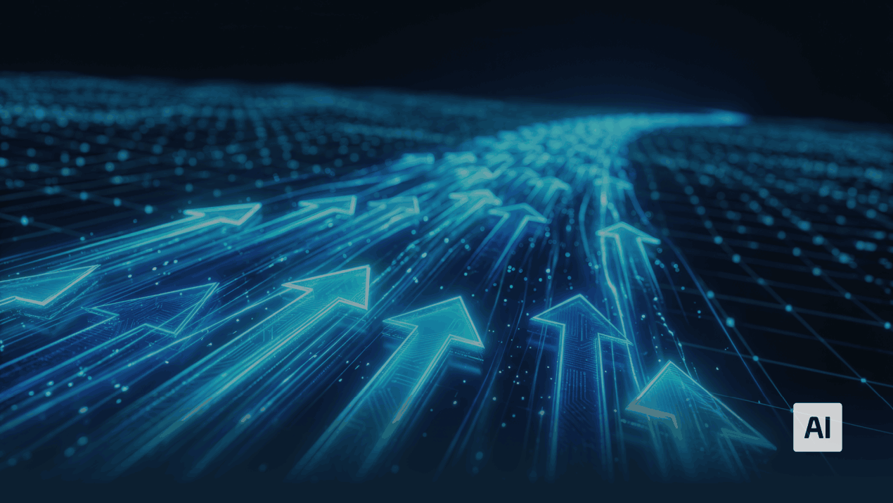 Blau leuchtende Pfeile fließen auf einer digitalen Datenautobahn nach vorne.