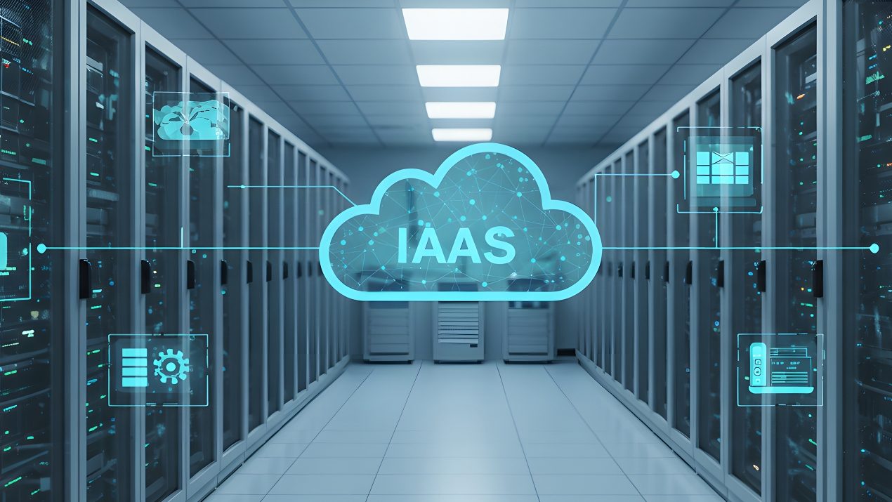 Long aisle of server racks in a modern data center. A glowing, digital cloud symbol labeled "IAAS" (Infrastructure as a Service) hovers in the center.