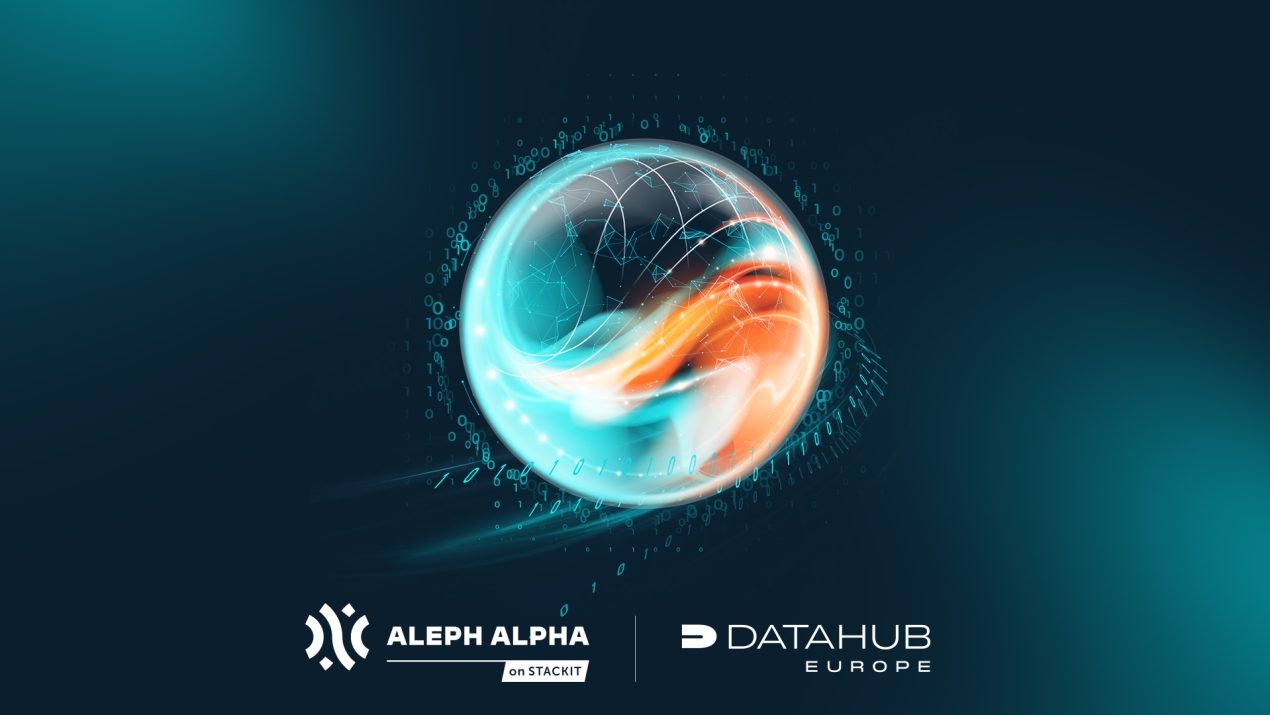 The image shows a glass sphere against a dark background. Inside the sphere, complex, wave-like lines in orange and turquoise visualize a neural network. The sphere is surrounded by a ring of zeros and ones and dynamic light trails suggesting speed. At the bottom, the logos of "ALEPH ALPHA on STACKIT" and "DATAHUB EUROPE" are visible.