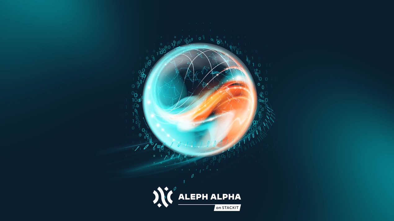 The image shows a glass sphere against a dark background. Inside the sphere, complex, wave-like lines in orange and turquoise visualize a neural network. The sphere is surrounded by a ring of zeros and ones and dynamic light trails suggesting speed. At the bottom, the logo of "ALEPH ALPHA on STACKIT" is visible.