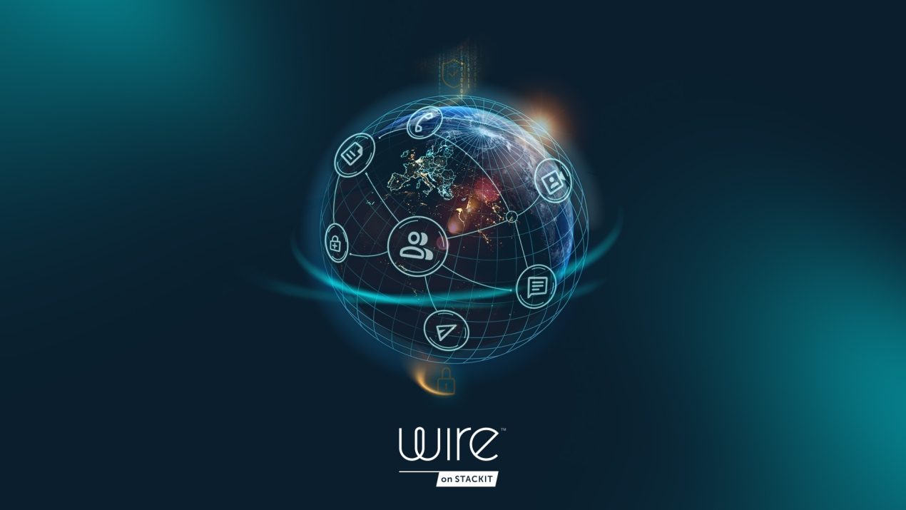 The image shows a globe against a dark background, on which Europe is visible at night with glowing cities. The globe is surrounded by a digital network of blue lines. Within this network, circular icons float, depicting a document, a telephone receiver, a video camera, a speech bubble, a paper plane, a lock, and a group of people. At the bottom center is the "wire on STACKIT" logo.