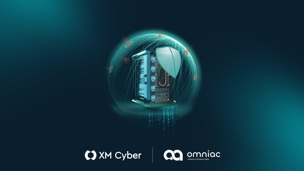 The image shows a dark teal background. In the center stands a futuristic server tower protected by a glowing, semi-transparent dome. Fine network lines run around the server, accompanied by glowing shield symbols and lock icons suggesting digital security. Below the server, zeros and ones fall like digital rain. At the bottom, the logos of "XM Cyber" and "omniac - A Brand of Schwarz Digits" are displayed in white text.