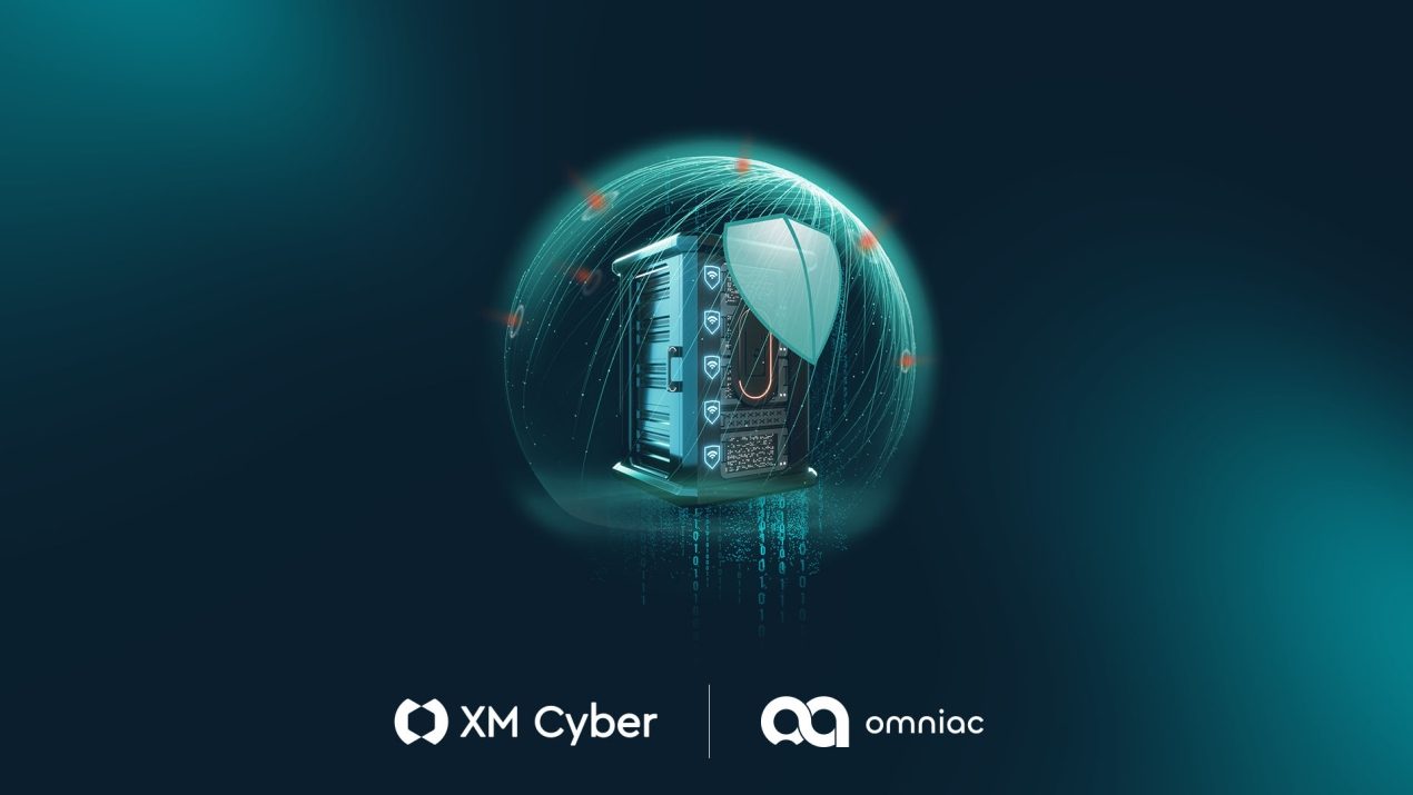 The image shows a dark teal background. In the center stands a futuristic server tower protected by a glowing, semi-transparent dome. Fine network lines run around the server, accompanied by glowing shield symbols and lock icons suggesting digital security. Below the server, zeros and ones fall like digital rain. At the bottom, the logos of "XM Cyber" and "omniac" are displayed in white text.