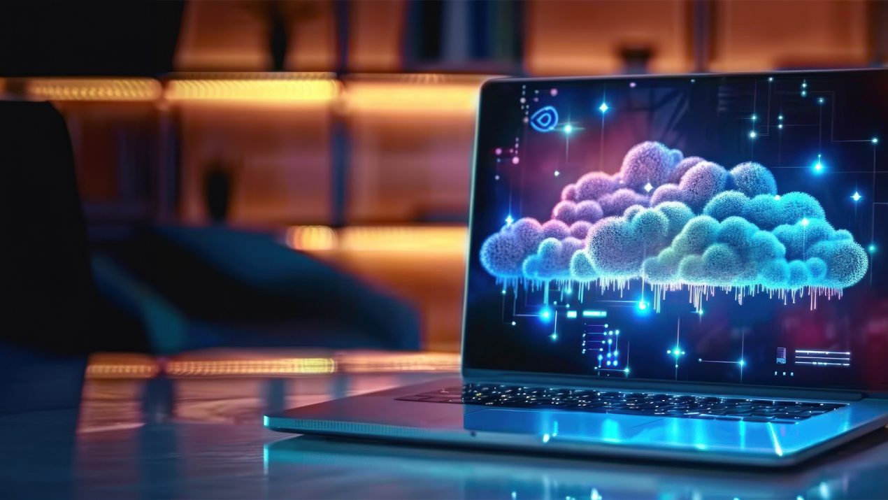 Laptop displaying colorful glowing clouds (cloud computing) as a symbol for digital cloud solutions, hosting, and data storage in IT infrastructure.