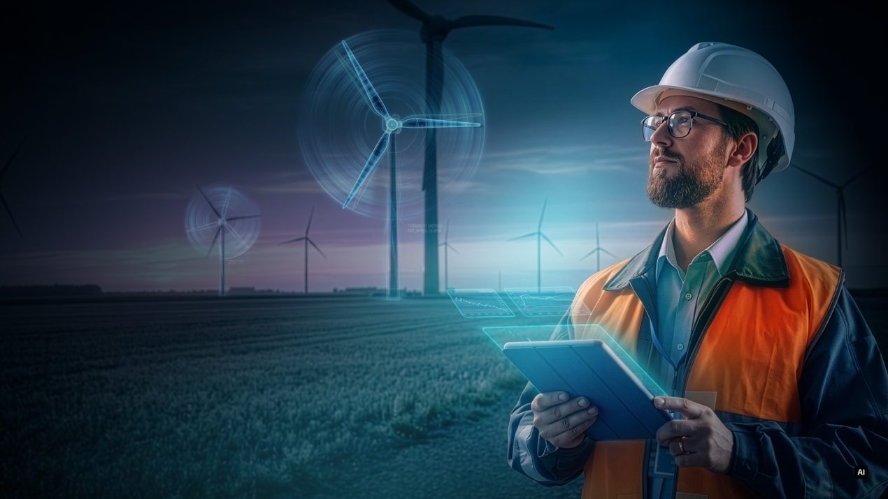 Techniker mit Schutzhelm prüft digitale Windkraftdaten vor einem Windpark.