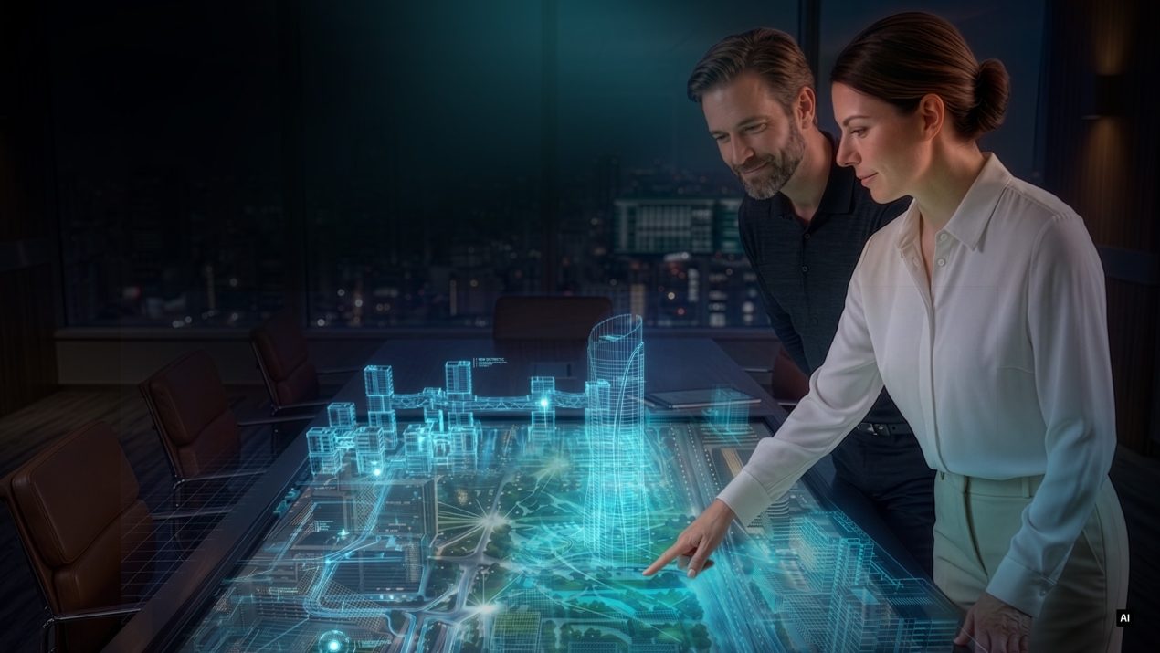 Zwei Personen betrachten ein holografisches 3D-Modell einer modernen Smart City auf einem Tisch.