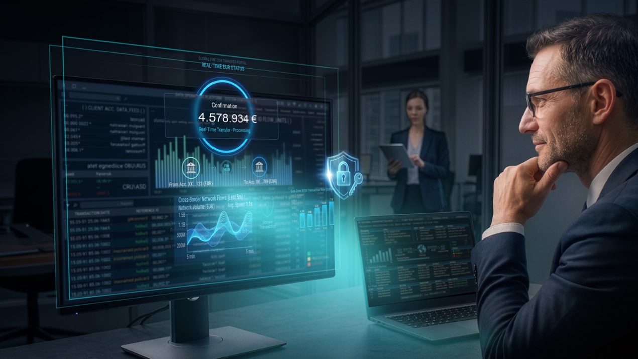 Experte analysiert sichere Finanzdaten am Bildschirm.