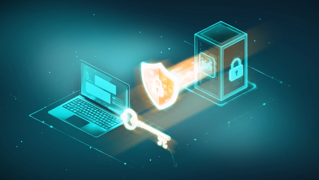 Illustration zu Client-Side Encryption: Ein Laptop mit digitalem Schlüssel und Schutzschild überträgt verschlüsselte Daten sicher an einen Server.