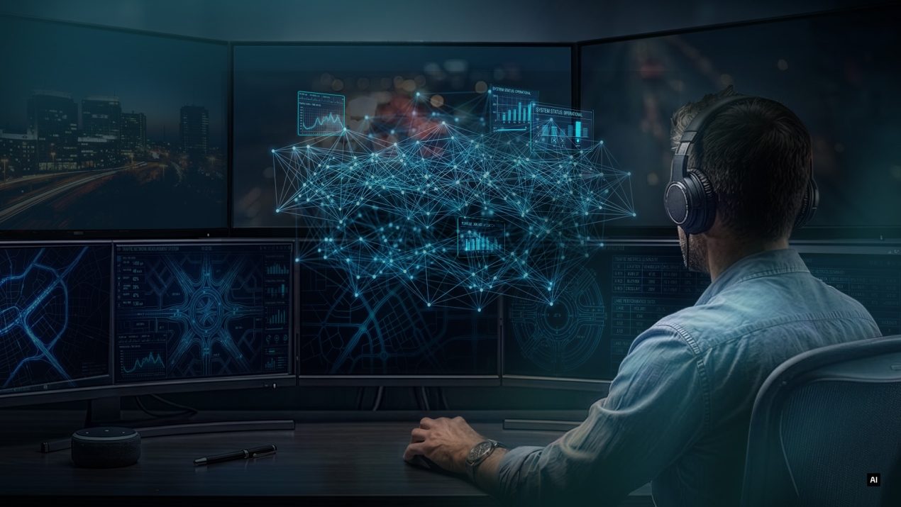IT-Spezialist überwacht ein digitales Netzwerk und Stadt-Infrastruktur auf mehreren Bildschirmen.
