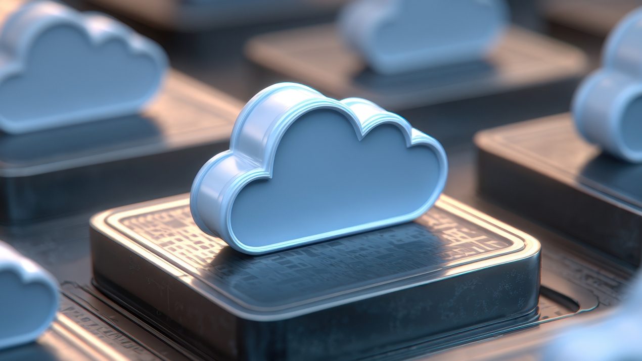 Light blue 3D cloud icons on dark microchips on a digital circuit board.