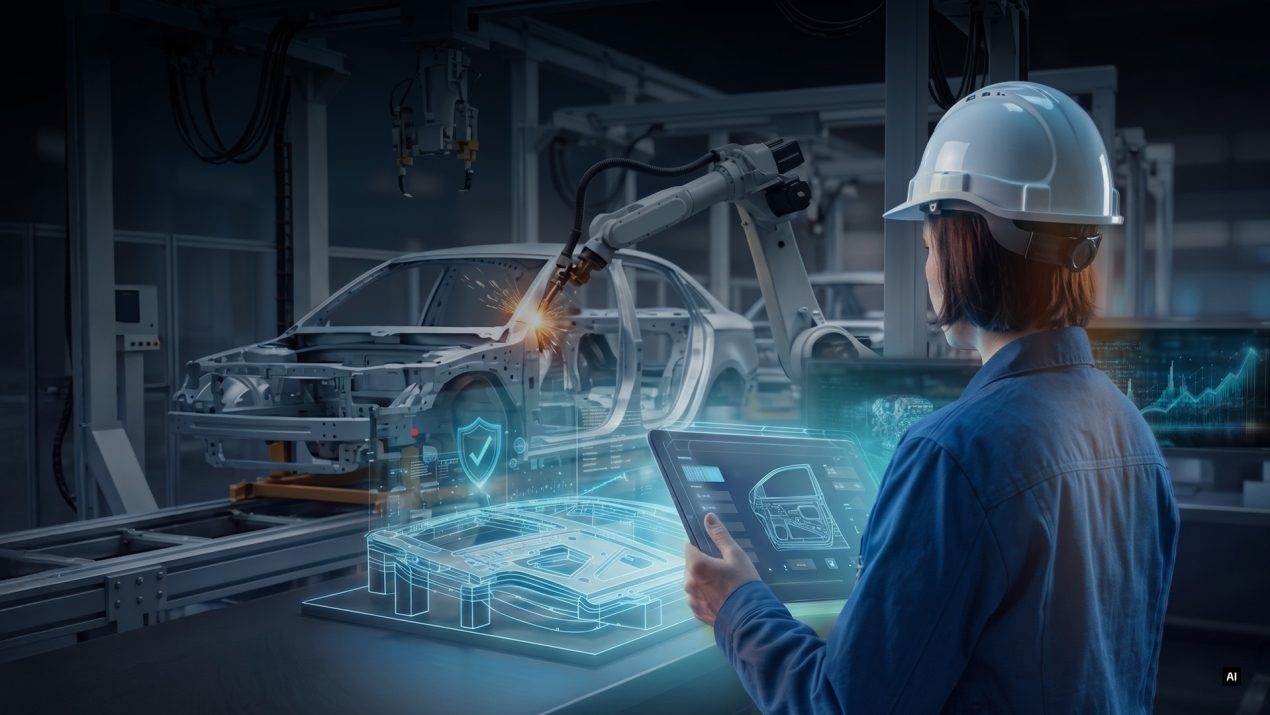 Ingenieurin überwacht die automatisierte Autoproduktion mit Roboterarm und Tablet.