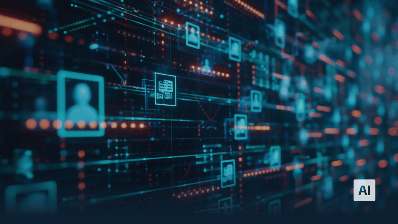 Digitales Netzwerk aus vernetzten Datenknoten, Personensymbolen und Akten-Icons.