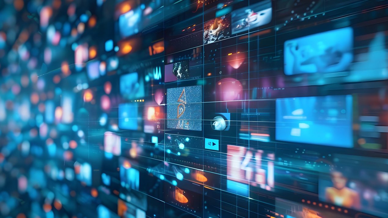 A dynamic, digital representation showing a wall of numerous small screens or windows displaying various media content (videos, images, data) in blue and orange hues. The scene symbolizes the fast flow of data, streaming, social media, or the digital age.