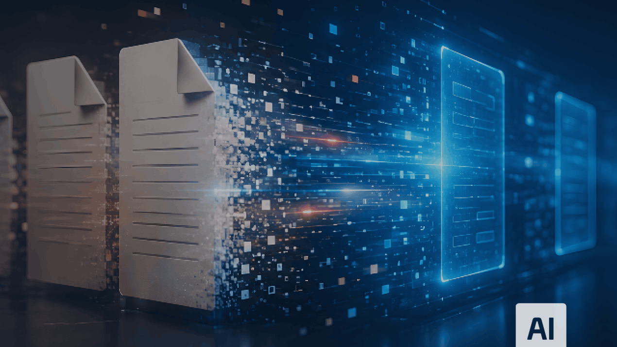 Papierdokumente wandeln sich in digitale Datenströme und leuchtende Bildschirme um.