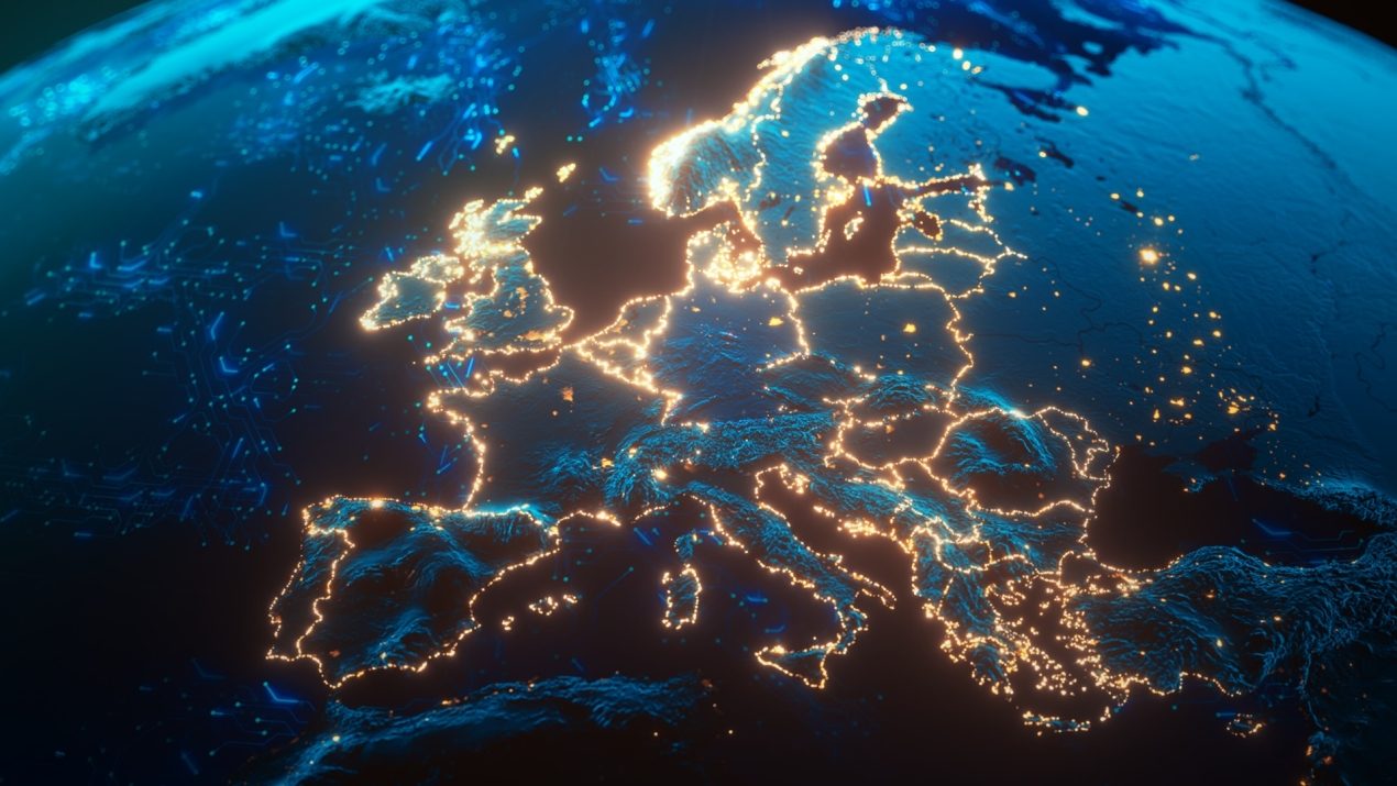 A stylized satellite view of Europe at night with borders and major cities illuminated by golden lights and digital circuit patterns.