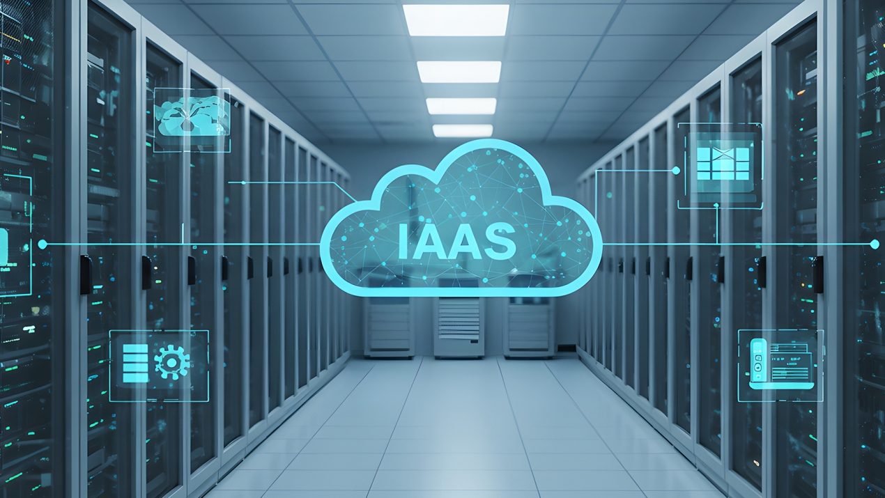 Visualization of Infrastructure as a Service (IaaS) in a data center aisle, featuring a glowing central cloud symbol with IaaS services like compute, storage, and networking icons.