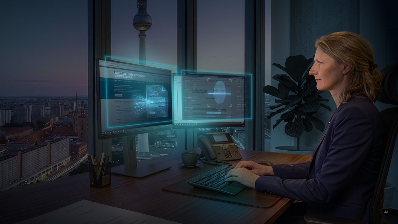 Beamtin arbeitet im Büro vor Bildschirmen mit digitaler Datenprüfung und Berliner Fernsehturm im Hintergrund.