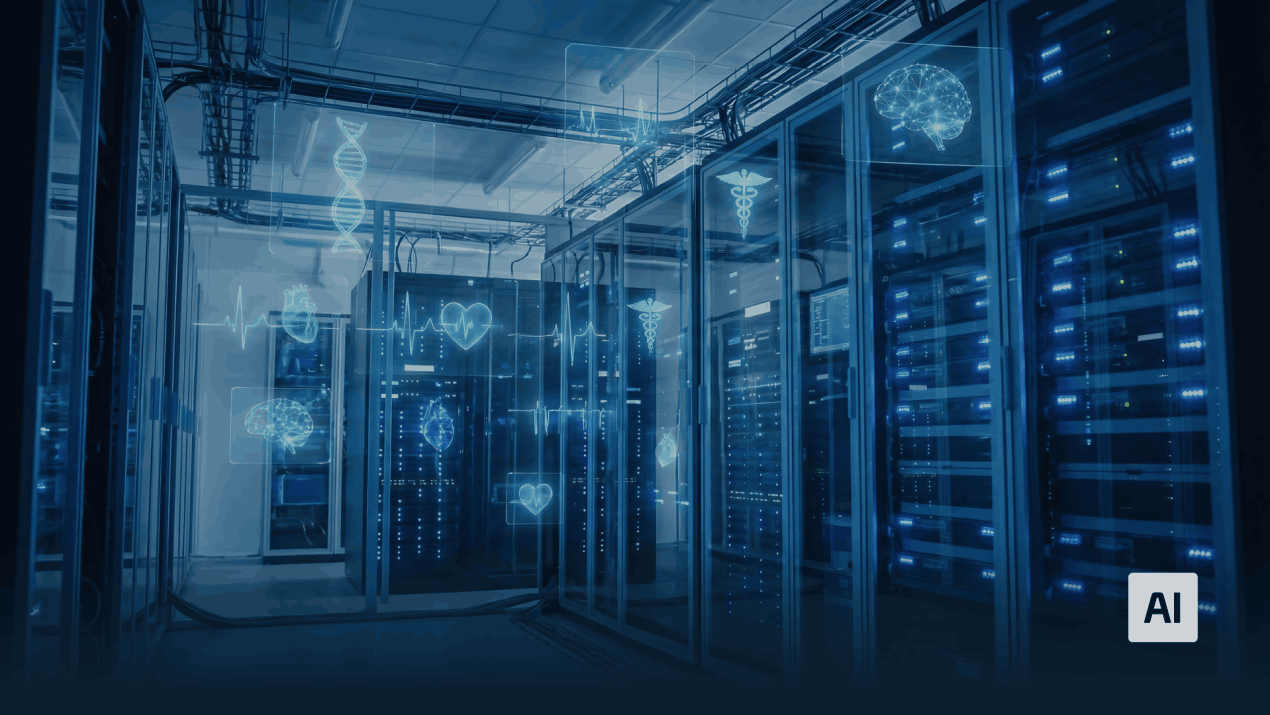 Serverraum mit leuchtenden medizinischen Daten-Overlays wie EKG und Gehirnscans.
