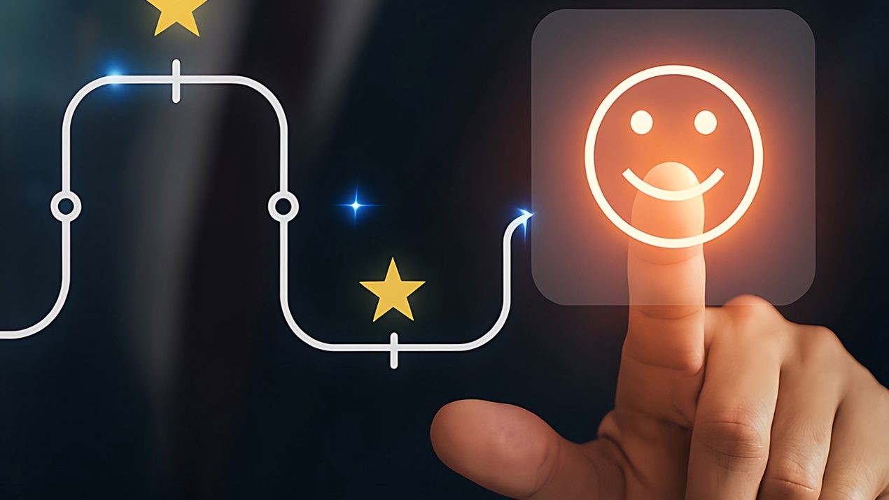 Virtuelle Darstellung einer Customer Journey mit Sternen als Touchpoints, die zu einem lachenden Gesicht für hohe Kundenzufriedenheit führt.