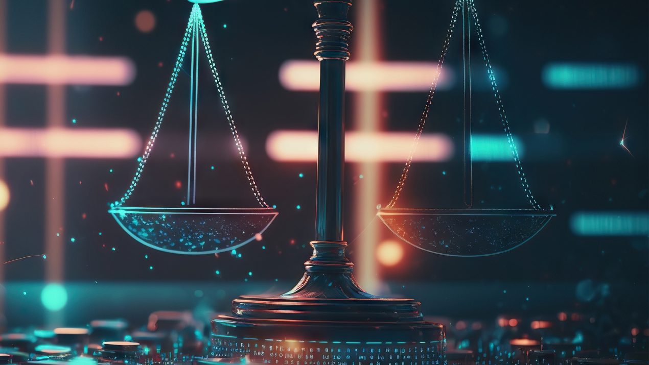 A classic scale of justice, rendered in a glowing blue neon style, stands on a futuristic digital circuit board (PCB). The image symbolizes the connection between jurisprudence, justice, and modern technology (Legal Tech or Cyber Law).