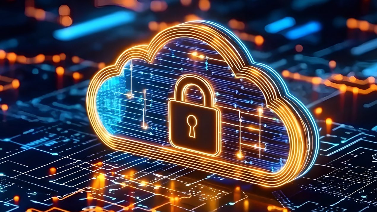 Glowing neon cloud icon with a padlock on a blue and orange circuit board.