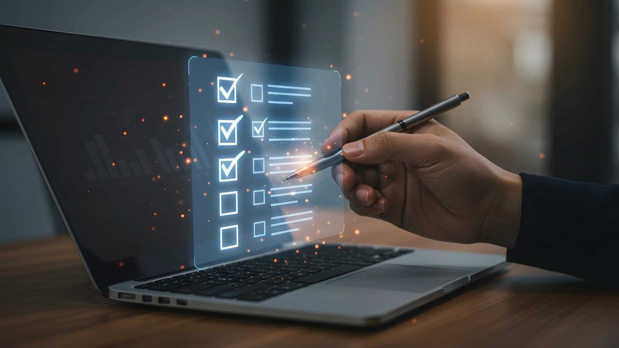 Hand using a pen to check off a floating digital checklist over a laptop, symbolizing the structured implementation of compliance and clear requirements for companies.
