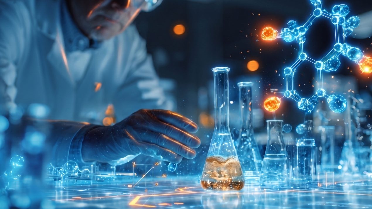 Wissenschaftler im Laborkittel an einem futuristischen Labortisch mit leuchtenden Kolben und einer schwebenden 3D-Molekülstruktur.