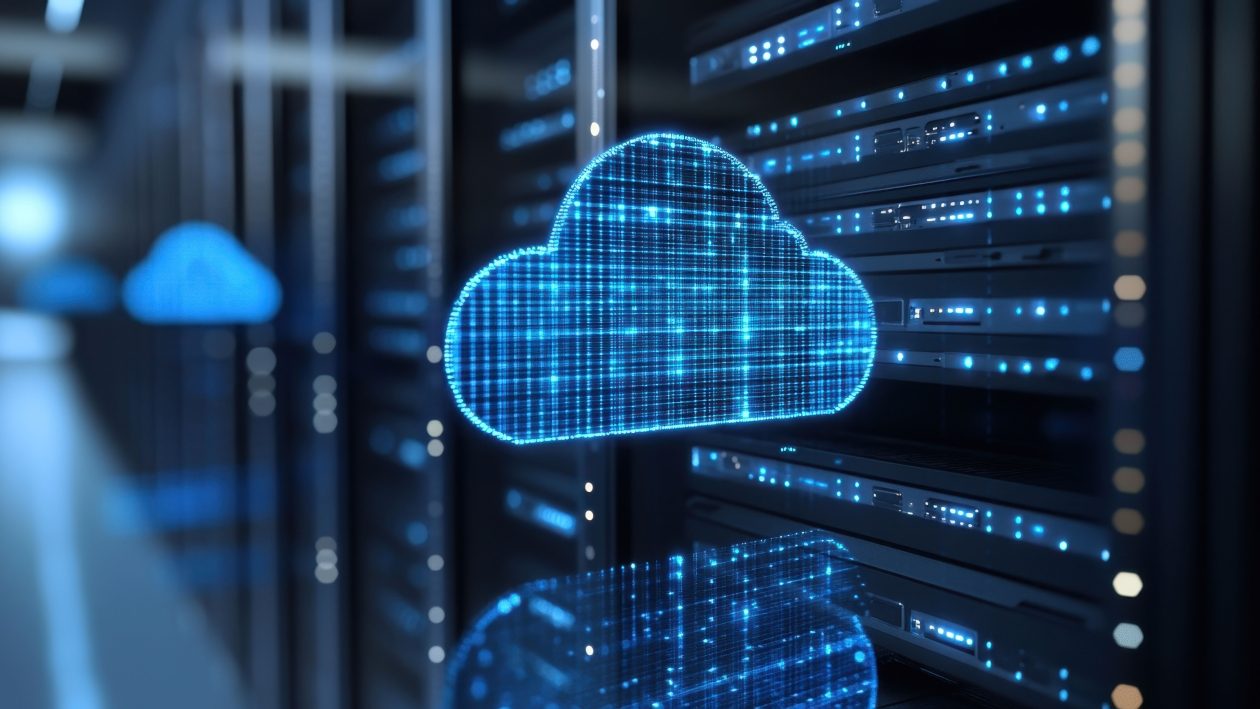 Ein leuchtendes, blaues Cloud-Symbol schwebt vor einer Reihe von Server-Racks in einem Rechenzentrum. Das Bild visualisiert Cloud-Datenbanken, Cloud Computing, Datenspeicherung und Hosting-Infrastruktur in einer Serverumgebung.