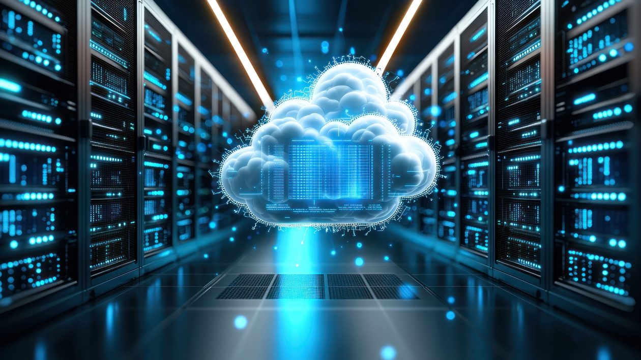 Leuchtendes, weiß-blaues Cloud-Symbol mit Datencode-Anzeige in der Mitte eines Serverraums, umgeben von Reihen von blinkenden Server-Racks. Das Bild visualisiert Cloud Computing, Server-Infrastruktur, Datenspeicherung und Virtualisierung im Rechenzentrum (Data Center).