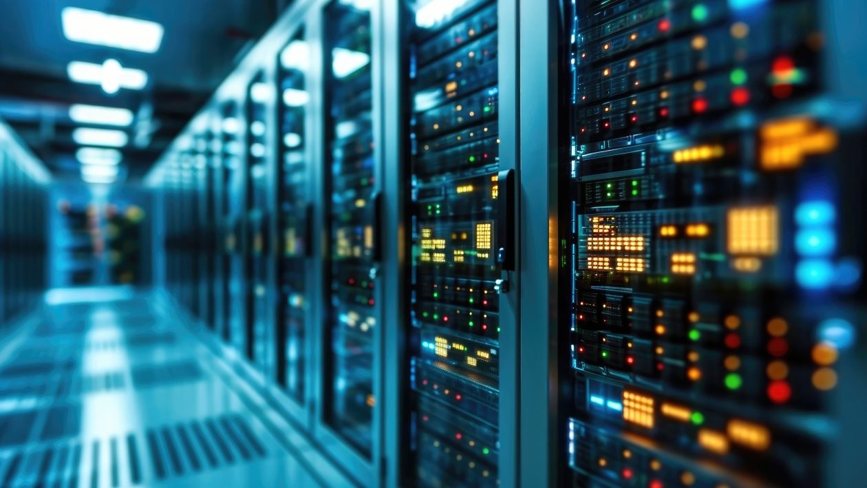 Nahaufnahme eines Gangs in einem modernen Rechenzentrum, gesäumt von Reihen beleuchteter Server-Racks. Das Bild zeigt die IT-Infrastruktur zur Datenspeicherung, Datenverarbeitung, Serververwaltung und für Cloud Computing in einem professionellen Datacenter.