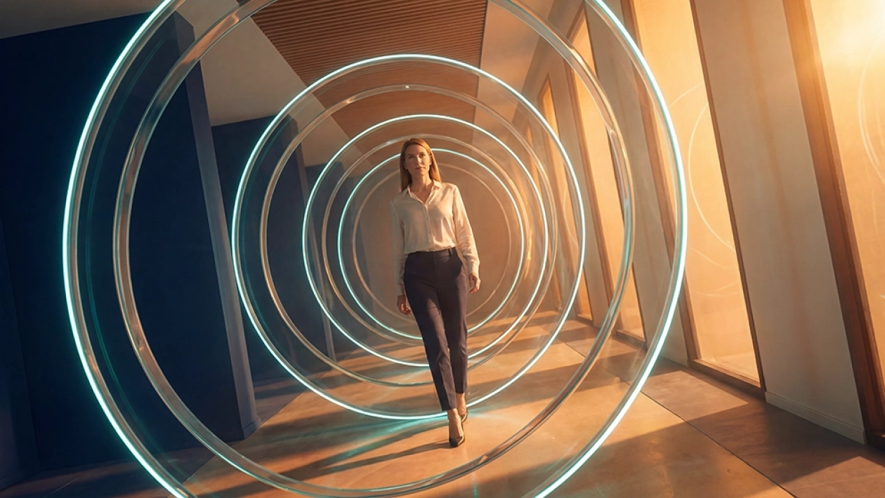 Eine Frau geht durch einen futuristischen Korridor, der von mehreren leuchtenden, kreisförmigen Lichtringen eingerahmt wird – Symbol für Innovation und Fortschritt.