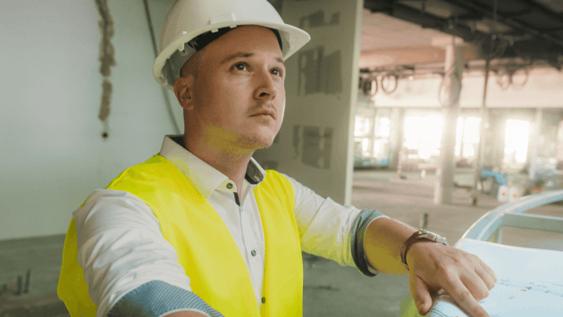 Mitarbeiter mit Bauhelm hat einen Bauplan vor sich