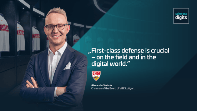 Alexander Wehrle, Chairman of the Board of VfB Stuttgart. Quote: "A first-class defense is crucial – on the field and in the digital world."