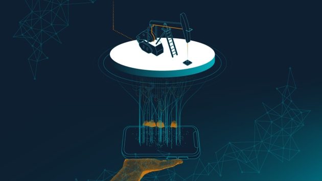 Grafik zu Souveränität. Digitale Ölpumpe, die wie ein Hologramm über einem Smartphone erscheint