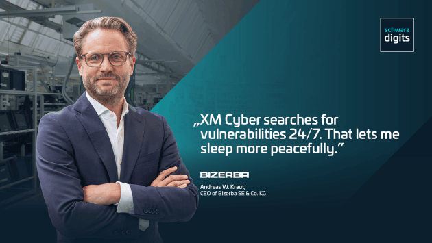 Andreas W. Kraut, CEO of Bizerba, stands in a suit in front of production facilities. Above the quote, which is marked with the Bizerba Logo, is the text: "XM Cyber searches for vulnerabilities 24/7. That lets me sleep more peacefully." The Schwarz Digits Logo is visible in the top right corner.