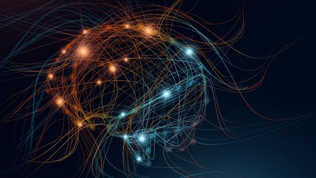 Illustration das die künstliche Intelligenz darstellen soll. Blaue und Orangefarbene Linien bilden ein Konstrukt, dass einen Kopf darstellt