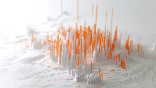 Auf dem Bild ist eine weiße Landschaft abgebildet, dem weiße und Orange schmale Säulen entspringen.