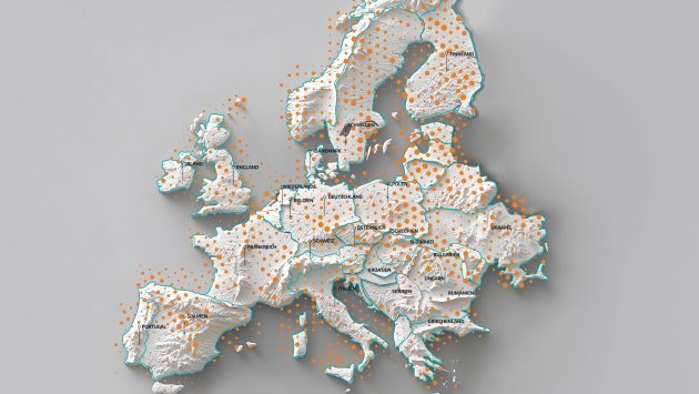 Das Bild zeigt alle Länder in weiß dargestellt. Die Ländergrenzen sind in Türkis gezogen. Über alle Länder sind Punkte in Orange verteilt.