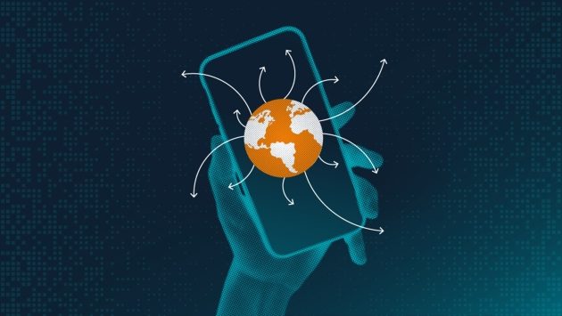 Illustration eines Smartphones aus dem eine Weltkugel mit Pfeilen in alle Richtungen herausragt