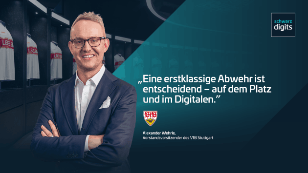 Alexander Wehrle, Vorstandsvorsitzender des VfB Stuttgart. Zitat: „Eine erstklassige Abwehr ist entscheidend – auf dem Platz und im Digitalen.“