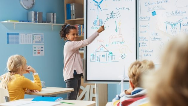 Ein Kind steht in einer Schule an einem Whiteboard und präsentiert etwas.